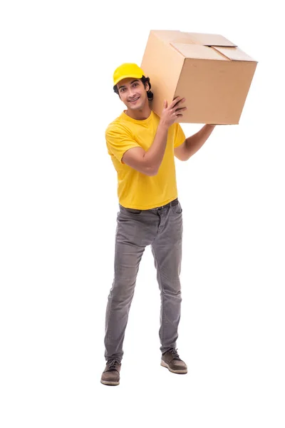 Mladý muž courier s box — Stock fotografie