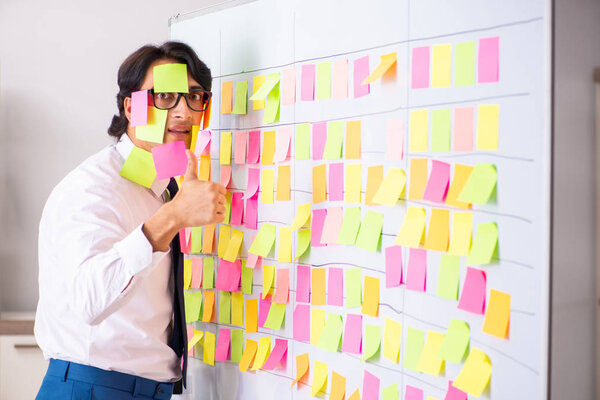 Young employee in conflicting priorities concept 