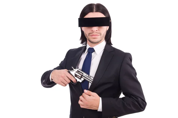 Mladý muž s černou maskou obličeje na bílém — Stock fotografie
