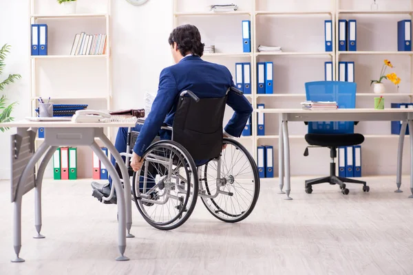 Jeune employé masculin en fauteuil roulant travaillant au bureau — Photo