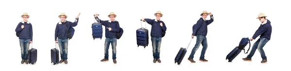 Zabawny człowiek z bagażem w kapeluszu safari — Zdjęcie stockowe