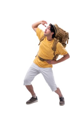 Genç yakışıklı turist üzerinde beyaz izole 