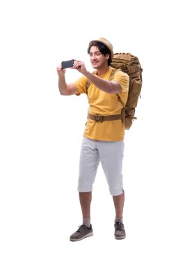 Genç yakışıklı turist üzerinde beyaz izole 