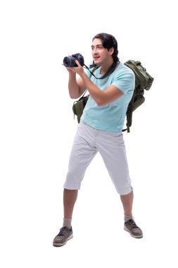 Genç yakışıklı turist üzerinde beyaz izole 