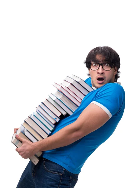 Estudiante masculino con muchos libros aislados en blanco — Foto de Stock