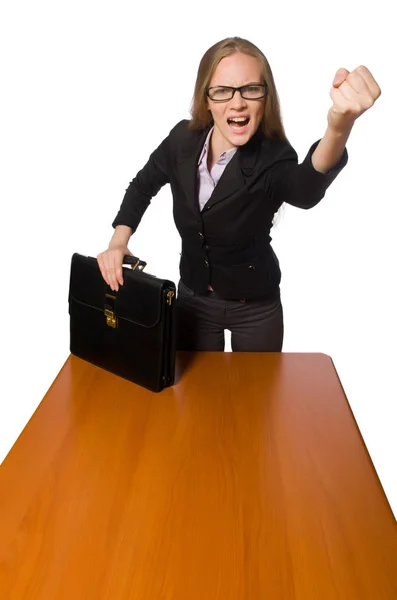 Female employee sitting at long table isolated on white — Stock Photo, Image