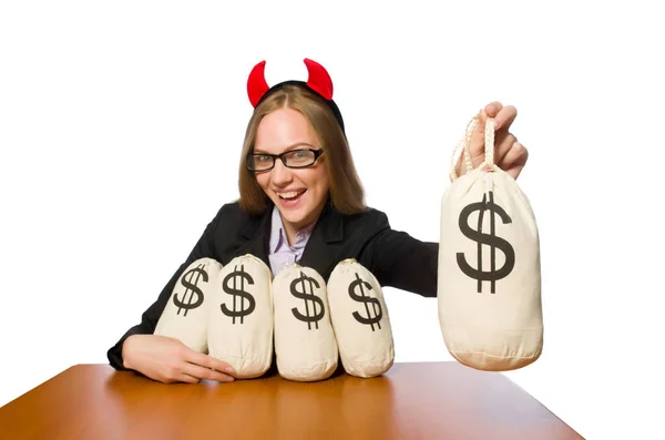 Female employee with money sacks on her table
