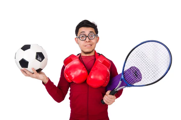 Uomo divertente nel concetto di sport sul bianco — Foto Stock