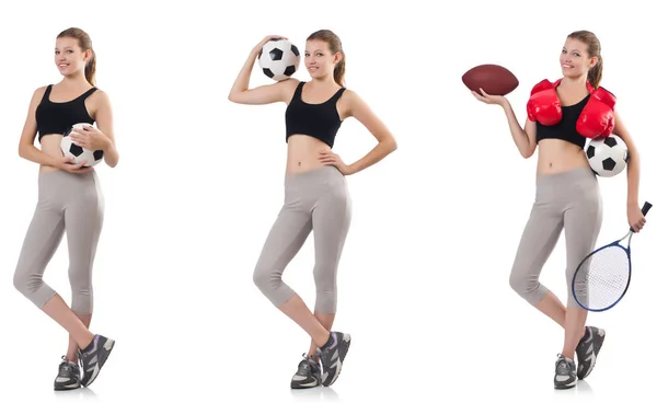 Giovane donna con calcio, pallone da rugby, guanti da boxe e tennis — Foto Stock