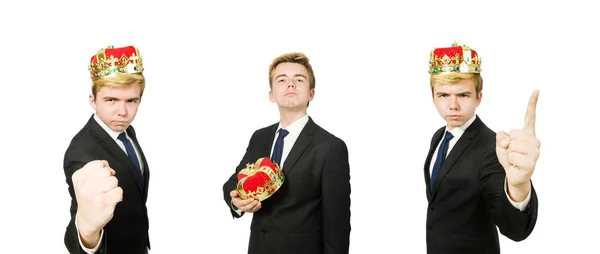 Funny businessman with crown and boxing gloves — Stock Photo, Image