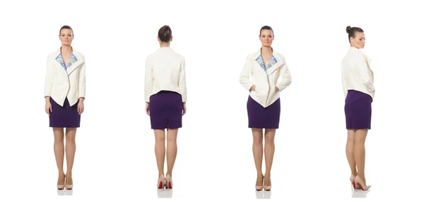 Bella modella indossando abito viola isolato su bianco — Foto Stock