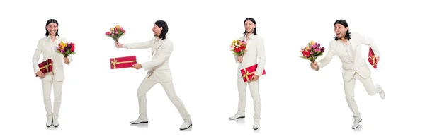 Hombre con caja de regalo aislado en blanco — Foto de Stock