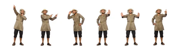 Man met safari hoed geïsoleerd op wit — Stockfoto