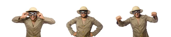 Homme en chapeau safari avec lunettes sur blanc — Photo