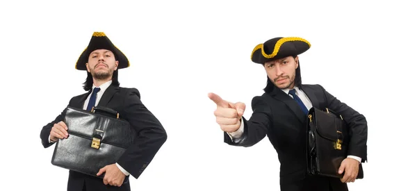 Zakenman met tricorn en aktetas geïsoleerd op wit — Stockfoto