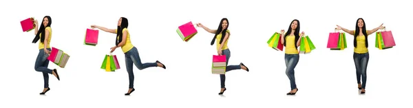 Donna con shopping bags isolata su bianco — Foto Stock