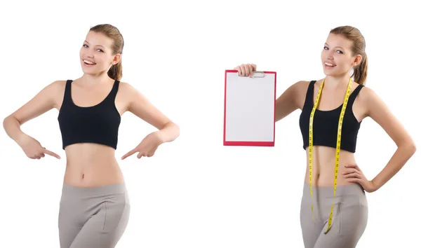 Jeune femme avec mètre faisant des exercices — Photo