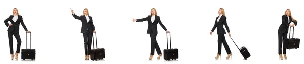 Businesswoman with suitcase isolated on white — Stock Photo, Image