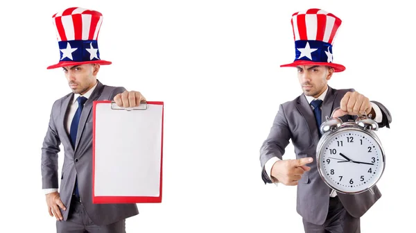 Mann mit amerikanischem Hut im Zeitmanagement-Konzept — Stockfoto