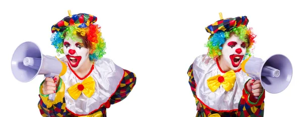 Zabawny clown mężczyzna z megafon — Zdjęcie stockowe