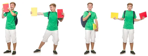 Junger Student mit Rucksack und Notizen isoliert auf weißem Papier — Stockfoto