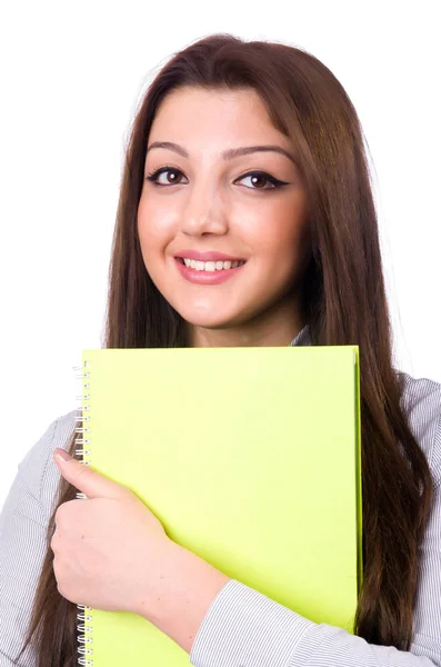 Młoda piękna kobieta trzyma notatki na białym tle — Zdjęcie stockowe