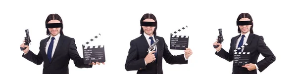 Mann mit Filmtafel auf weiß — Stockfoto