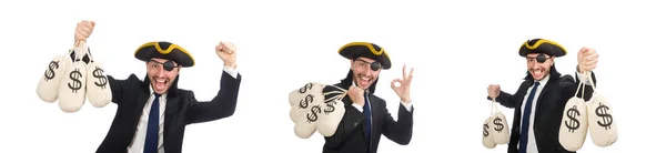 Pirat biznesmen posiadania pieniędzy torby na białym tle — Zdjęcie stockowe