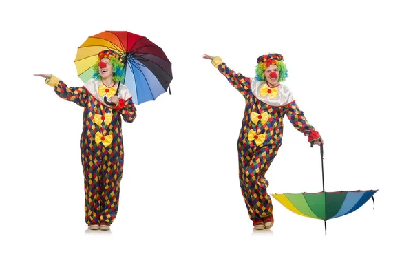 Clown with umbrella isolated on white — Stock Photo, Image