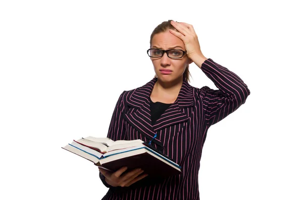 Giovane donna in costume viola in possesso di libri — Foto Stock