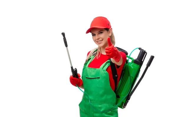 Female pest control contractor isolated on white — Stock Photo, Image