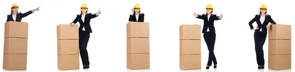Woman builder with box isolated on white — Stock Photo, Image