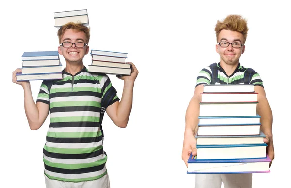 Joven estudiante con libros aislados en blanco — Foto de Stock