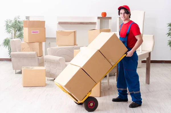 Jovem empreiteiro masculino com caixas trabalhando dentro de casa — Fotografia de Stock