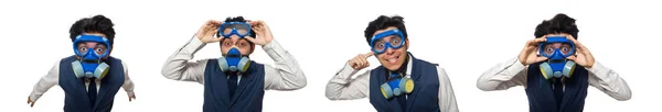 Rolig människa bär skyddsglasögon isolerad på vit — Stockfoto