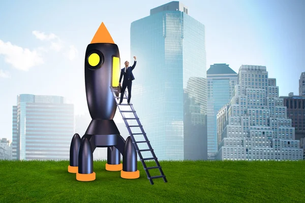Young businessman boarding space rocket in start-up concept — Stock Photo, Image