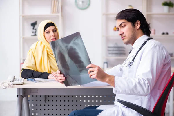 男性医師を訪問する女性のアラブ患者 — ストック写真