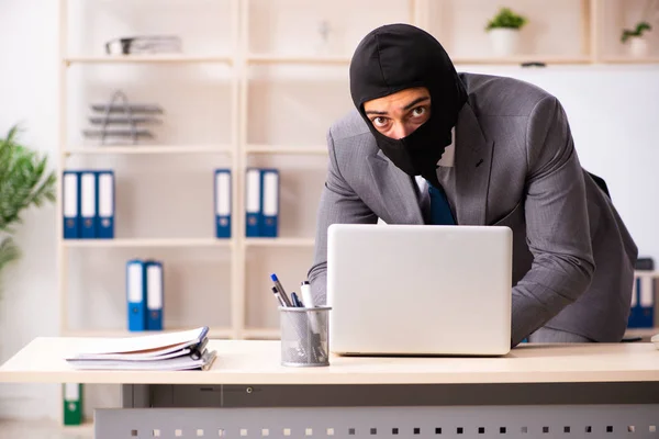 Männlicher Gangster stiehlt Informationen aus Büro — Stockfoto