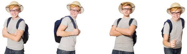 Jeune garçon en liège casque avec sac à dos — Photo
