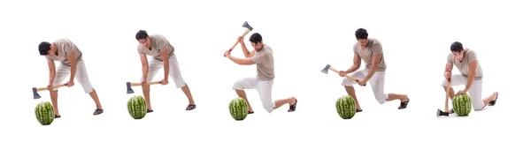 Ung man med vattenmelon isolerad på vitt — Stockfoto