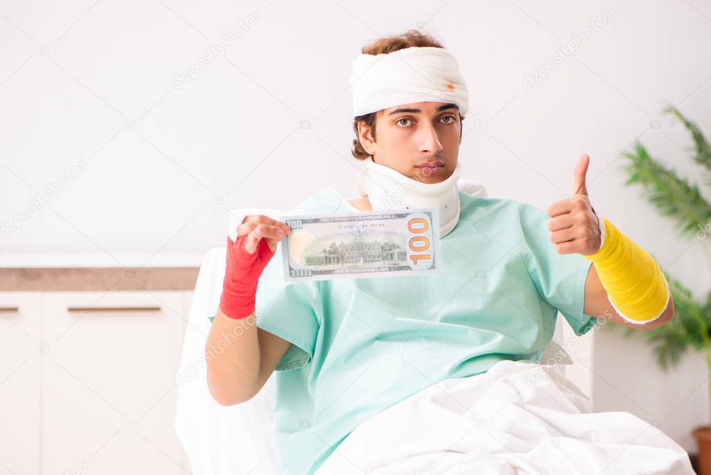 Young injured man staying in the hospital 