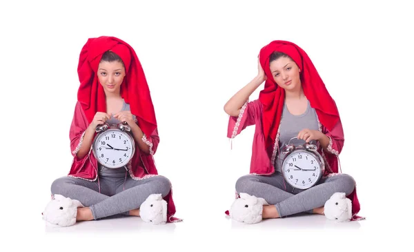 Femme au foyer avec horloge isolée sur blanc — Photo