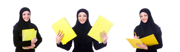 Молода мусульманка з книгою на білому — стокове фото