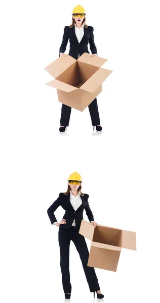 Woman builder with box isolated on white — Stock Photo, Image