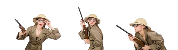 Mujer con sombrero de safari en blanco — Foto de Stock