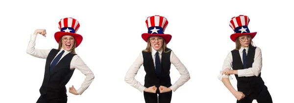 Mujer usando sombrero con símbolos americanos — Foto de Stock