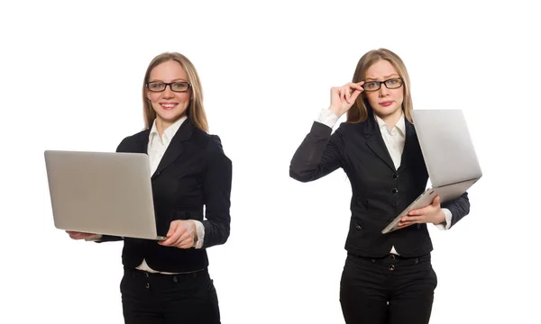 Grazioso dipendente ufficio con computer portatile isolato su bianco — Foto Stock