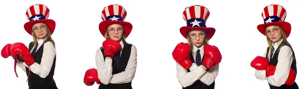 Colagem com mulher e chapéu americano — Fotografia de Stock