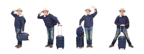 Uomo divertente con bagagli che indossano cappello safari — Foto Stock