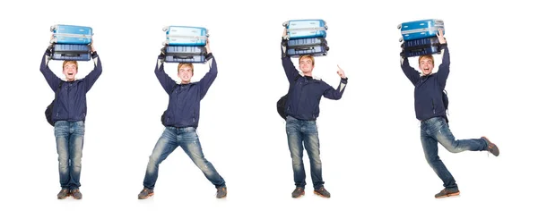 Homem engraçado com bagagem no branco — Fotografia de Stock